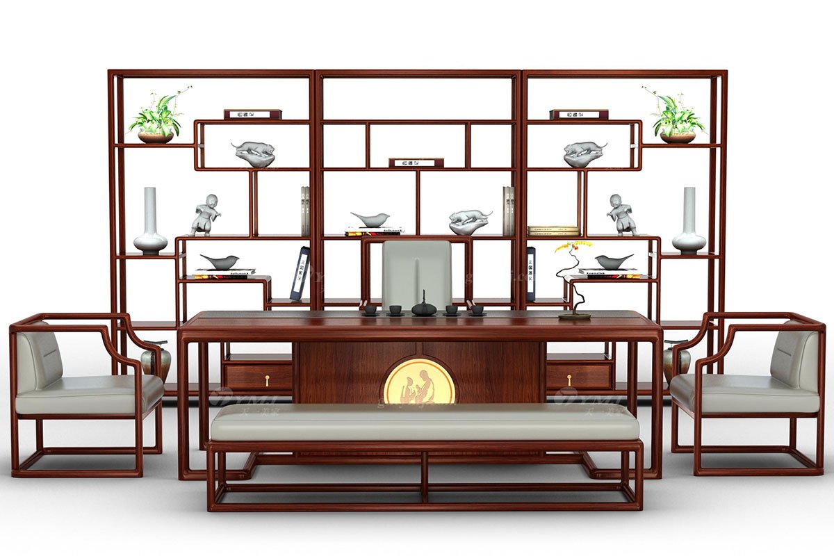 新中式辦公家具風(fēng)格高端品牌家具簡(jiǎn)約大氣實(shí)木安哥拉紫檀長凳水墨江南長茶凳場(chǎng)景
